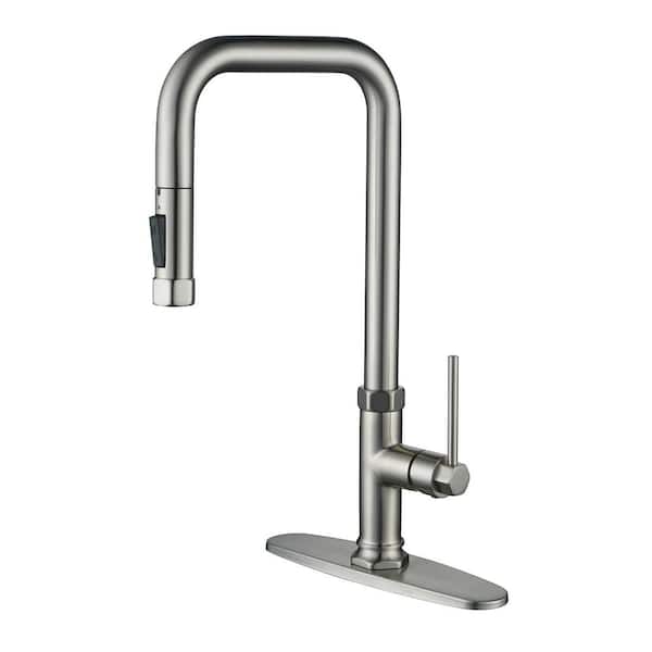 Brass Single Handle Pull Down Sprayer Kitchen Faucet with Advanced Spray, Deck Plate and Supply Lines in Brushed Nickel