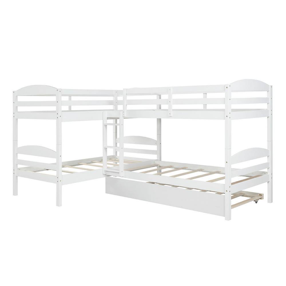 ANBAZAR White Twin Over Twin LShaped Bunk Bed with Trundle, Sturdy