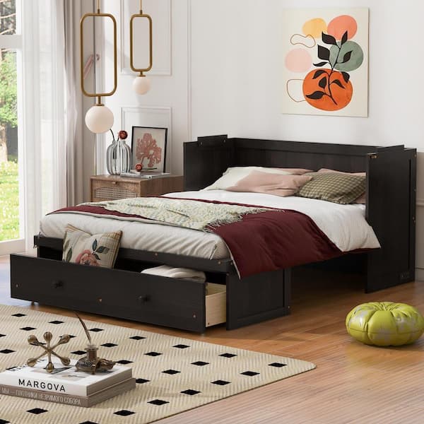 Espresso Brown Wood Frame Queen Size Murphy Bed with USB Port and Drawer