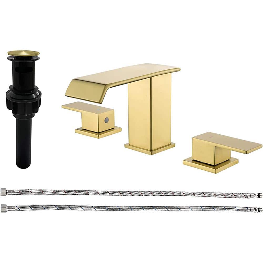 UKISHIRO 8 in. Widespread Double Handle Bathroom Faucet with Drain Kit Included and Supply Lines and Drip Free in Brushed Gold