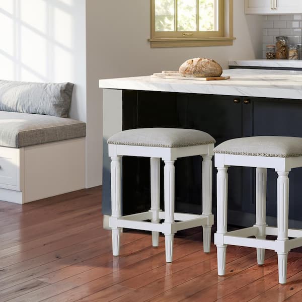 Manchester 27 in. H Alabaster White Backless Wood Square Counter Stool with Upholstered Seat