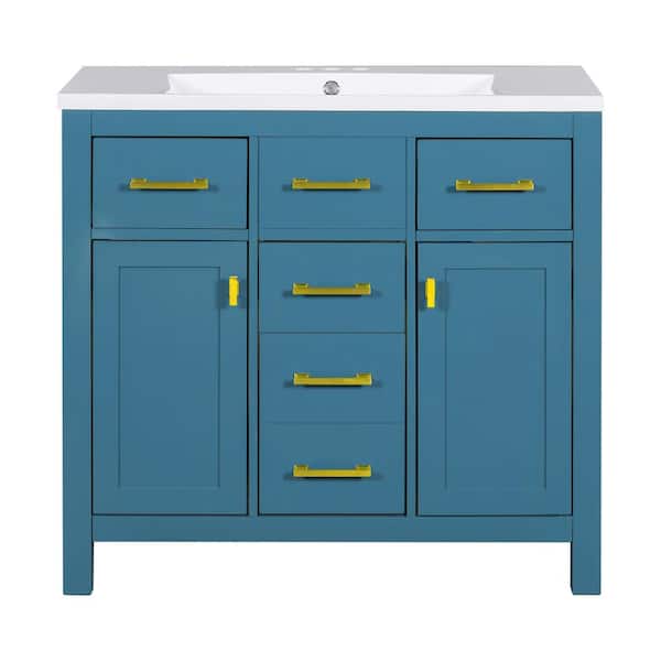Zeus & Ruta 36 in. W x 18 in. D x 34 in. H Single Sink Bath Vanity in Blue with White Resin Top, 4-Drawers and 2-Cabinets