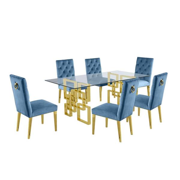 Best Quality Furniture Dominga 7-Piece Glass Top with Stainless Steel and Set with 6 Teal Blue Velvet Chairs