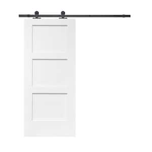 30 in. x 80 in. White Stained Composite MDF 3-Panel Equal Style Interior Sliding Barn Door with Hardware Kit