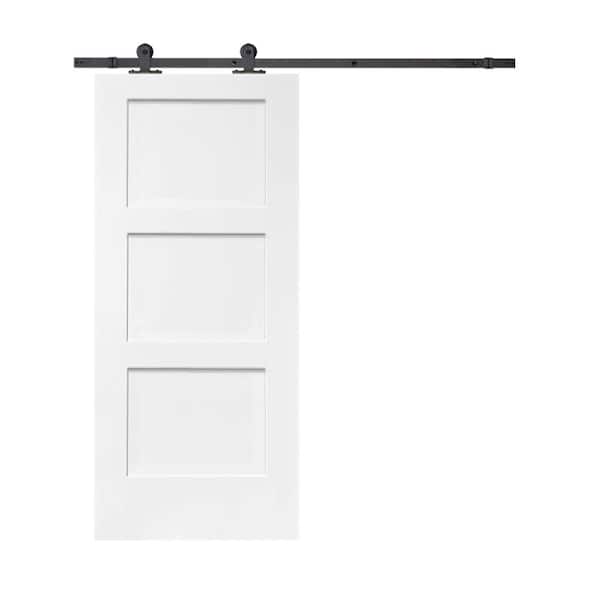 CALHOME 30 in. x 80 in. White Stained Composite MDF 3-Panel Equal Style Interior Sliding Barn Door with Hardware Kit