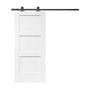 36 in. x 80 in. White Primed Composite MDF 3 Panel Equal Style Interior Sliding Barn Door with Hardware Kit