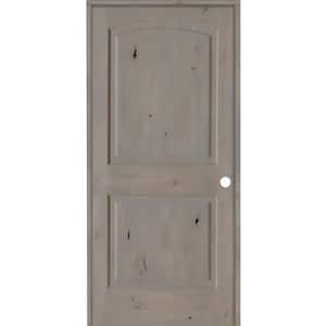 28 in. x 80 in. Knotty Alder 2-Panel Left-Handed Grey Stain Wood Single Prehung Interior Door with Arch Top