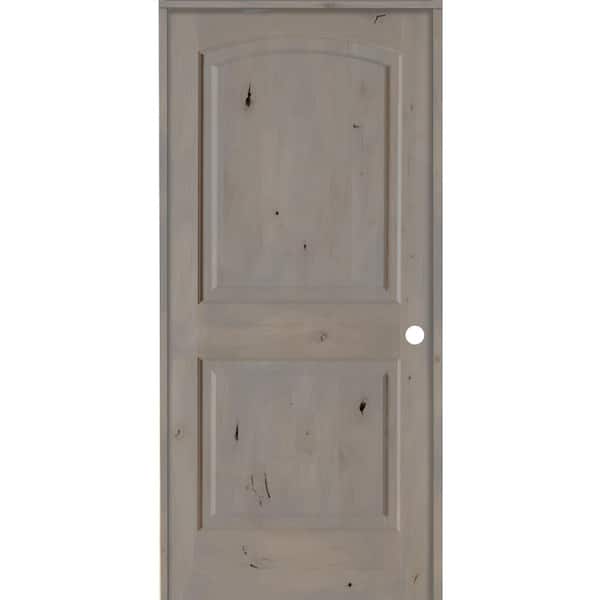 30 in. x 80 in. Knotty Alder 2-Panel Left-Handed Grey Stain Wood Single Prehung Interior Door with Arch Top
