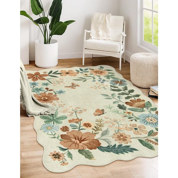 Floral Plant Washable Beige 3 ft. x 5 ft. Area Rug