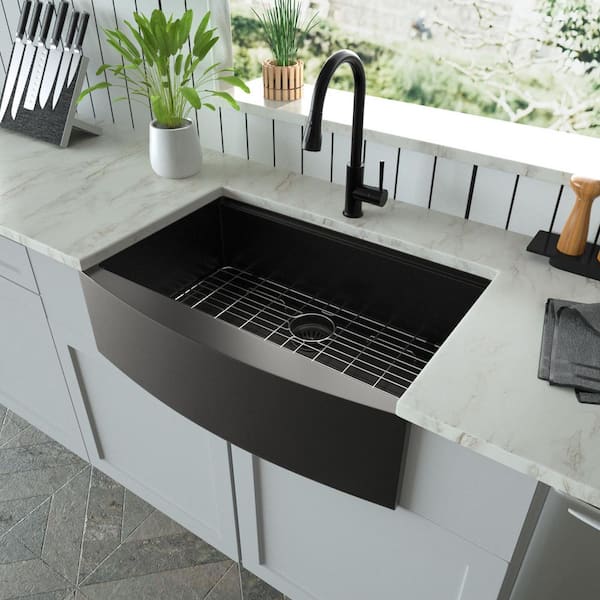 Unbranded 33 in. Farmhouse Single Bowl 16 Gauge Gunmetal Black Stainless Steel Kitchen Sink with Bottom Grids