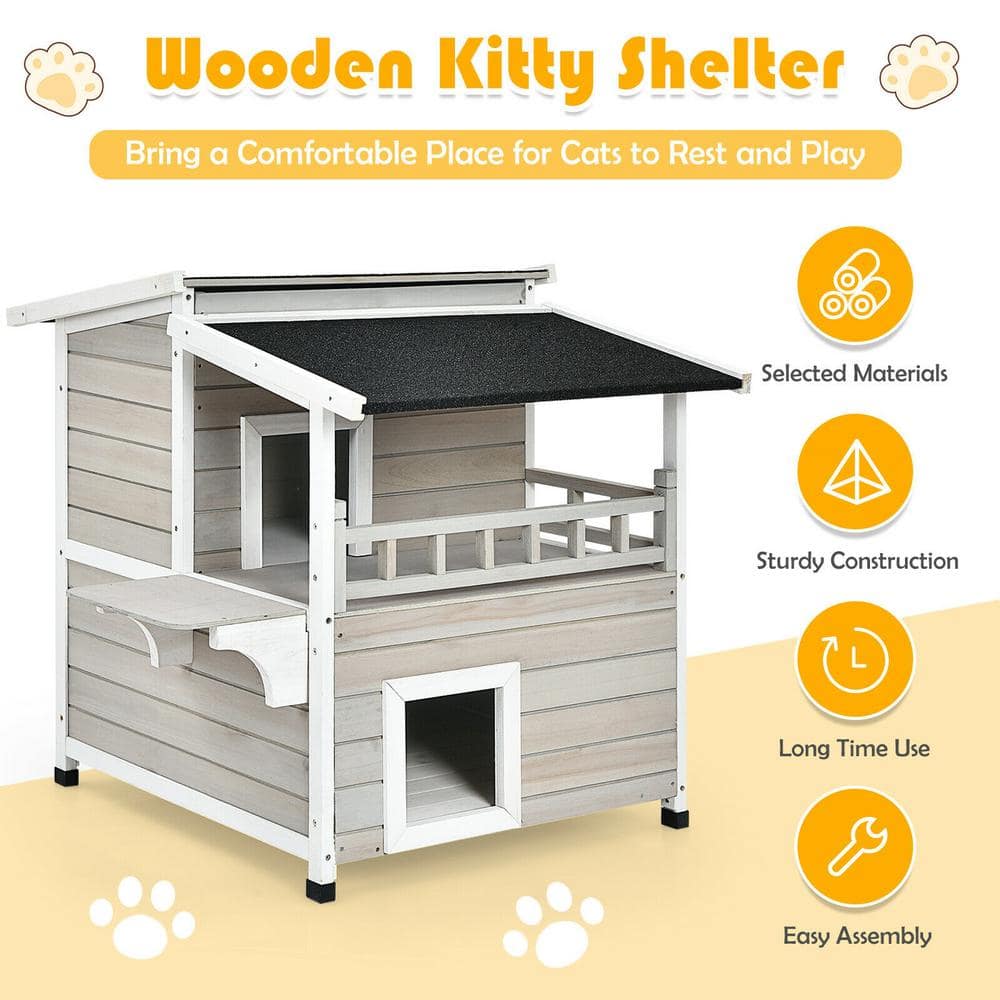 Gray and White 2-Story Wooden Outdoor Cat House with Balcony