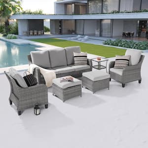 6-Piece Patio Conversation Sofa Set Gray Wicker with Side Table and Thickening Cushions, Linen Grey
