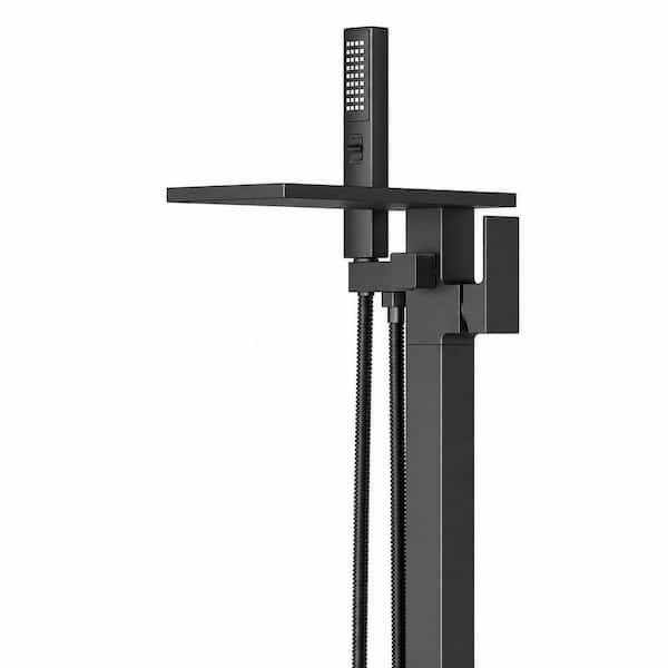 Freestanding Bathtub Faucet Matte Black Floor Mount Tub Filler Handheld Sprayer 7.4 GPM Waterfall
