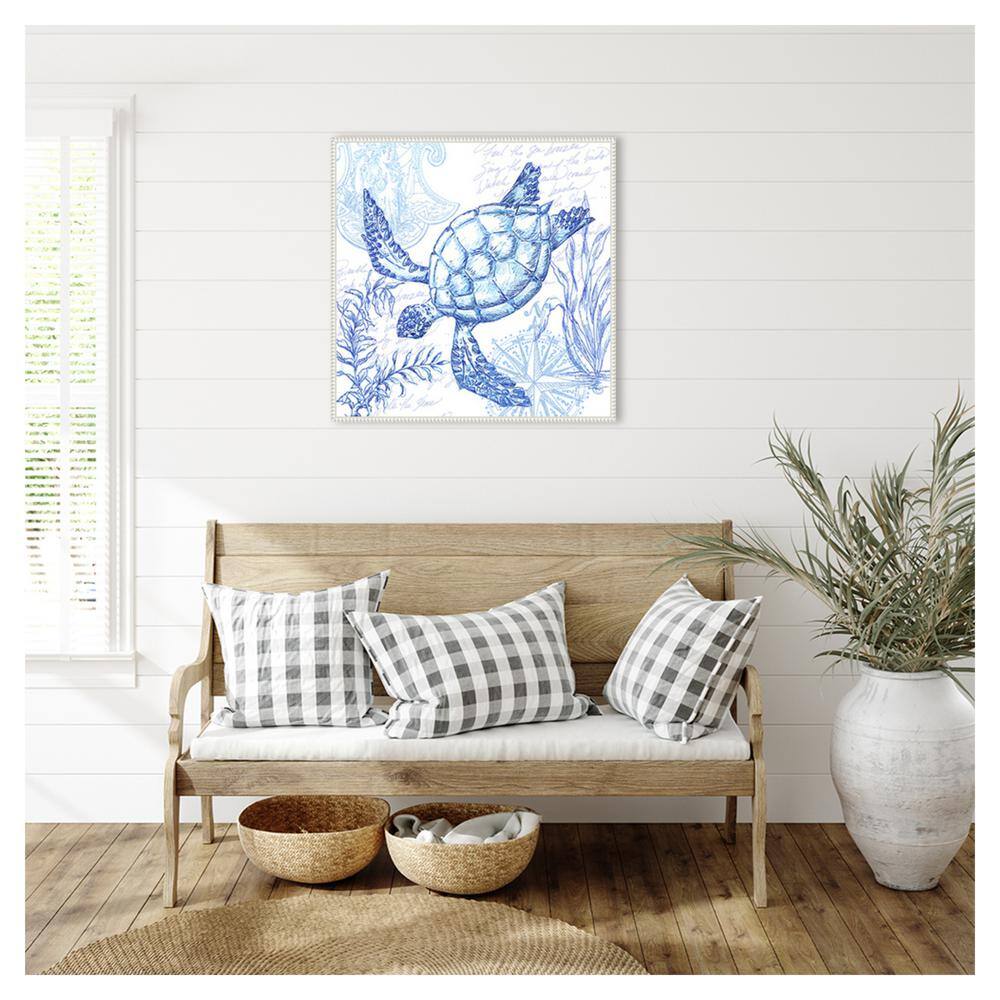 Coastal Sketchbook Turtle Blue and White Canvas Print with Floater Frame