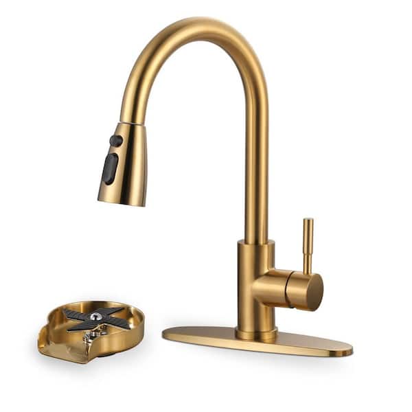 VEVETTA 15.6 in. H Single Handle Pull Down Sprayer Kitchen Faucet with360 Degree Spout Swivel and Glass Rinser in Brushed Gold