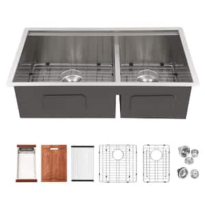 30 in. Undermount Double Bowl 16-Gauge Stainless Steel Workstation Kitchen Sink with Bottom Grids and Strainer
