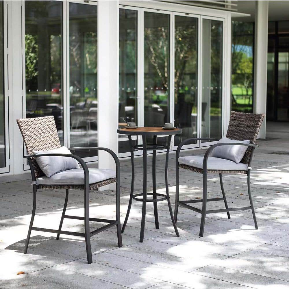 3-Piece Wicker Bar Height Outdoor Bistro Set Patio Bar Sets Dining Set Pub 