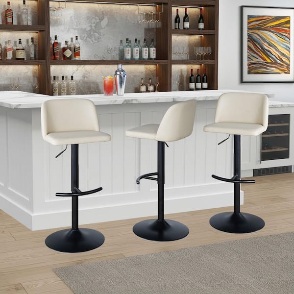 Rt Stool Lumisource Toriano 42 in. Cream Faux Leather and Black Metal Adjustable ...