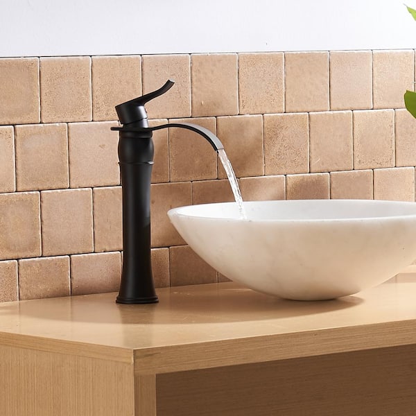 Waterfall Single Hole Single-Handle Vessel Bathroom Faucet With Pop-up Drain Assembly in Matte Black