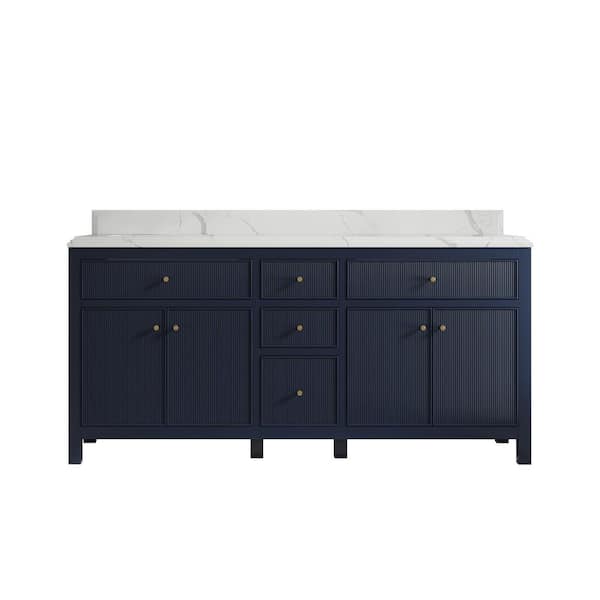 Willow Collections Sonoma 72 in.W x 22 in.D x 36 in. H Double Sink Bath Vanity in Navy Blue with Cove Edge Calacatta Quartz Top
