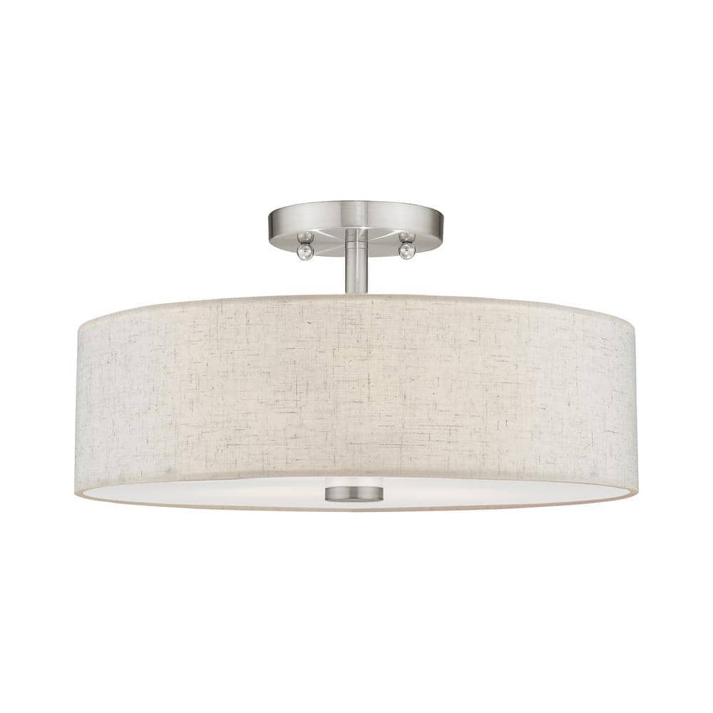 Meridian Brushed Nickel 3-Light Drum Ceiling Fixture with Oatmeal Shade