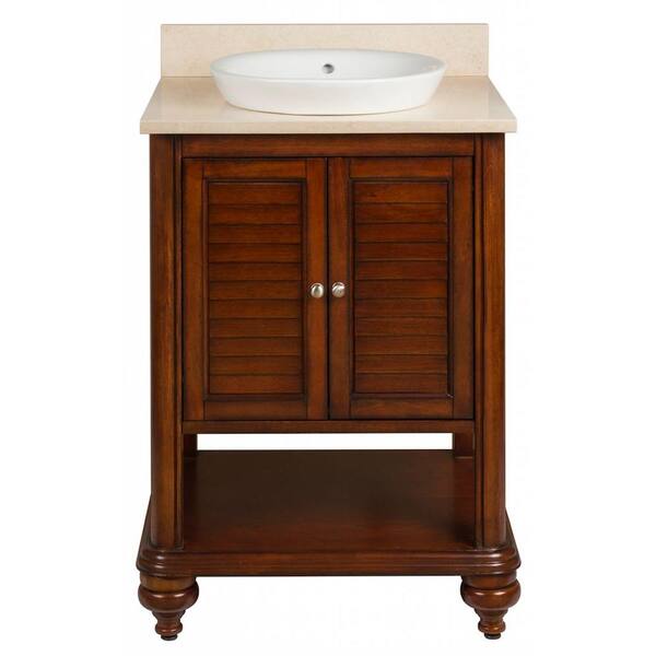 Hembry Creek Islander Bath Suite with 24 in. Vanity in Brown with Cream Marble Top and Round, White Semi-Recessed Basin Basin