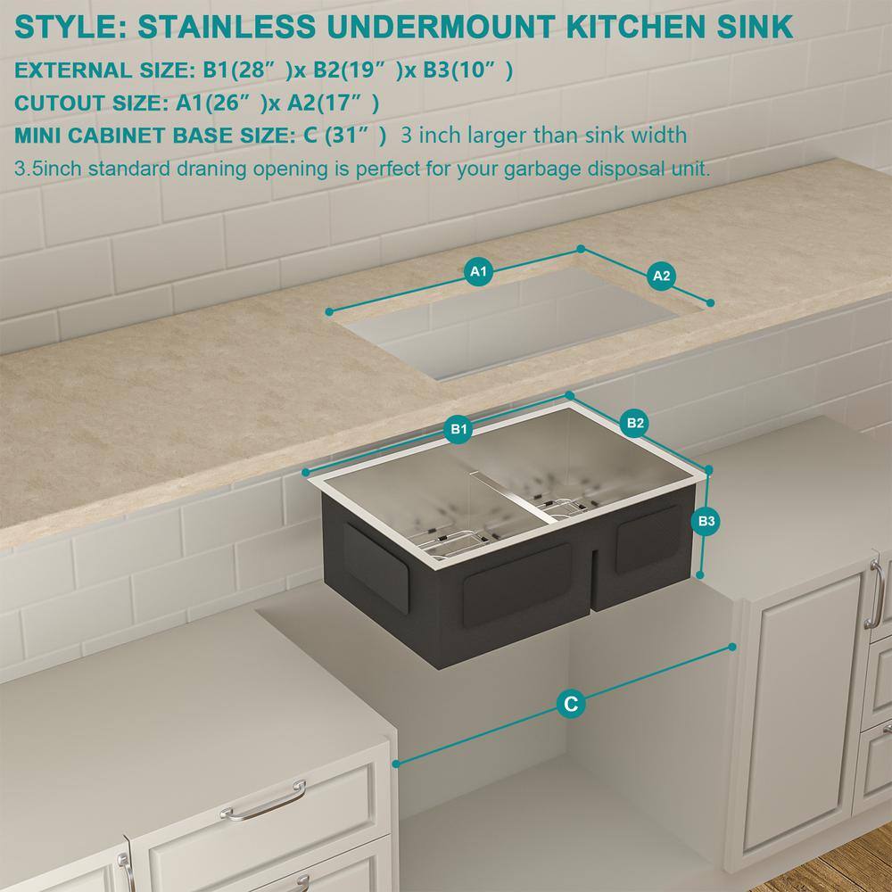 28-Inch Stainless Steel Undermount Double Bowl Kitchen Sink