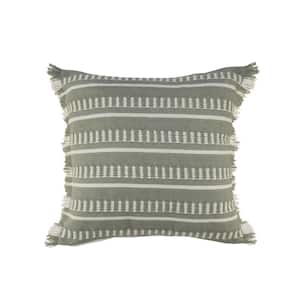 Dash Green/White Square Striped Outdoor Throw Pillow with Fringe