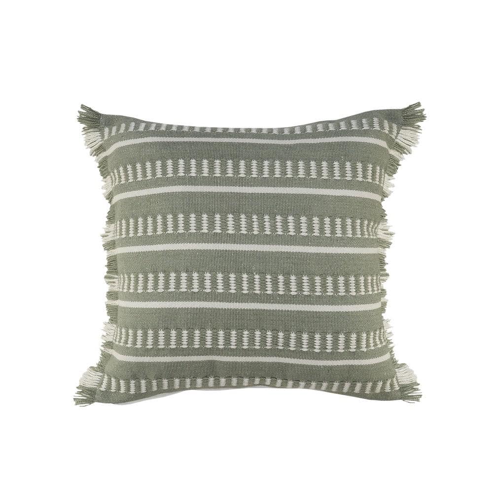Dash Green/White Square Striped Outdoor Throw Pillow with Fringe