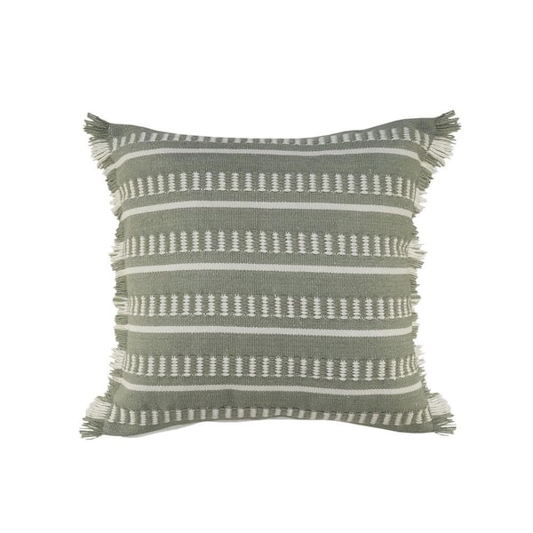 Unbranded Dash Green/White Square Striped Outdoor Throw Pillow with Fringe