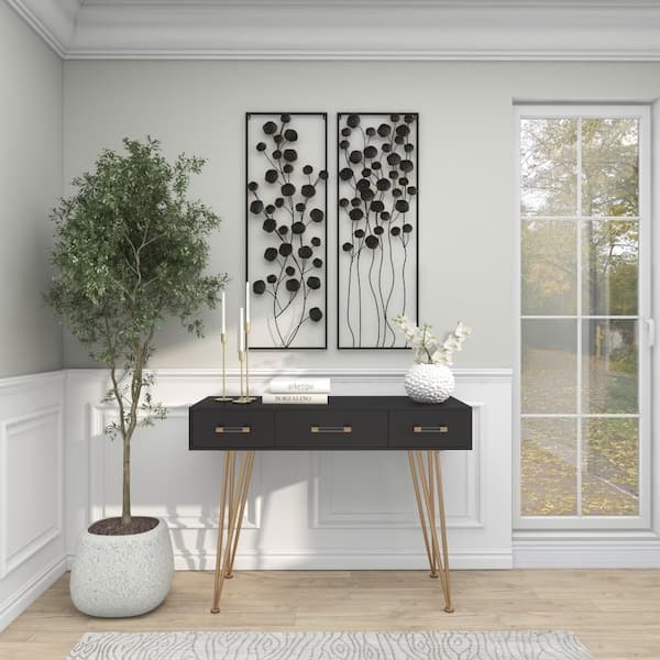 Metal Black Floral Wall Decor with Black Frame (Set of 2)