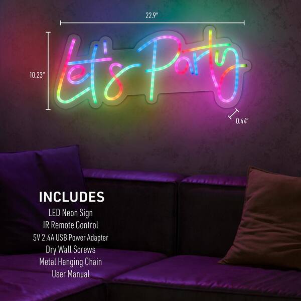 Xtreme Lit 'Let's Party' Multi-Color LED Neon Sign with RGBIC, Hanging Wall Art, Remote Control