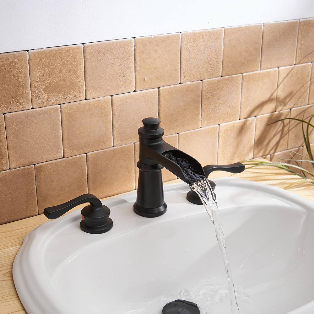 Matte Black Widespread Waterfall Bathroom Faucet with Lever Handles