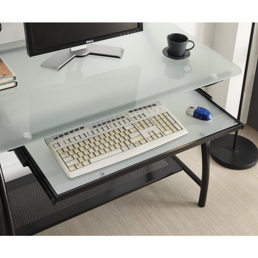 Black Steel and Glass Workstation with Keyboard Tray
