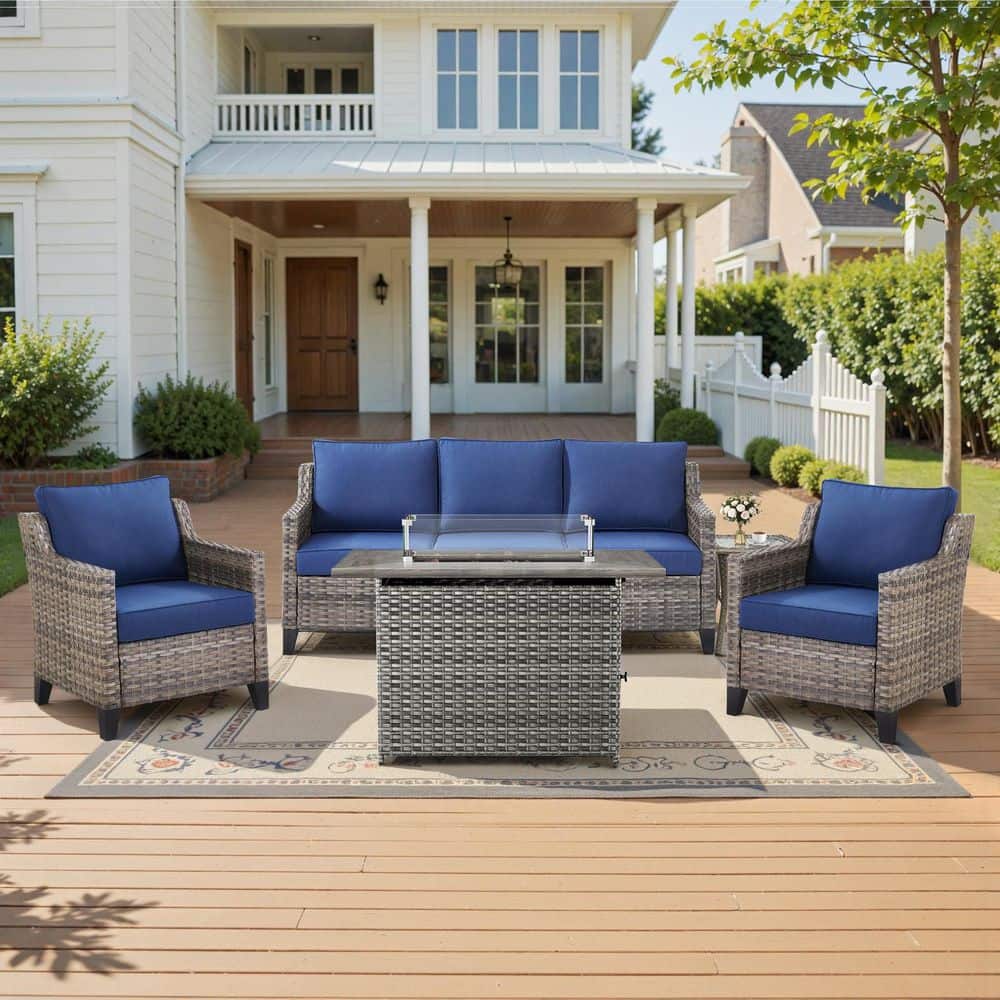 Glissia Gray 5-Piece Wicker Outdoor Patio Fire Pit Deep Seating Set with Navy Blue Cushions and Armchairs price history on PriceWatchPro