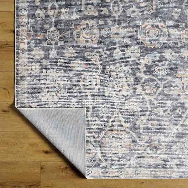 Eleni Dusty Blue Traditional 9 ft. x 12 ft. Indoor Machine-Washable Area Rug