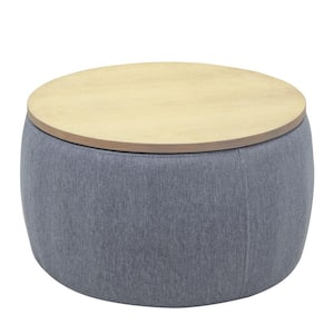 25.5 in. Dark Gray Round MDF End Table, 2 in 1 Function with Storage Ottoman