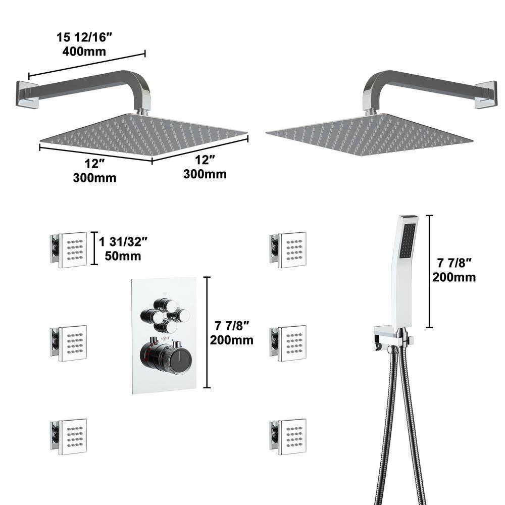 Chrome Dual Head Thermostatic Rainfall Shower System with Jets