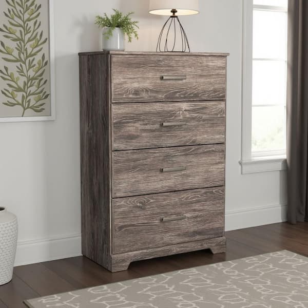Isnk Gray Oak 4-Drawer 15.59 in. Wide Tall Chest of Drawers Dresser without Mirror