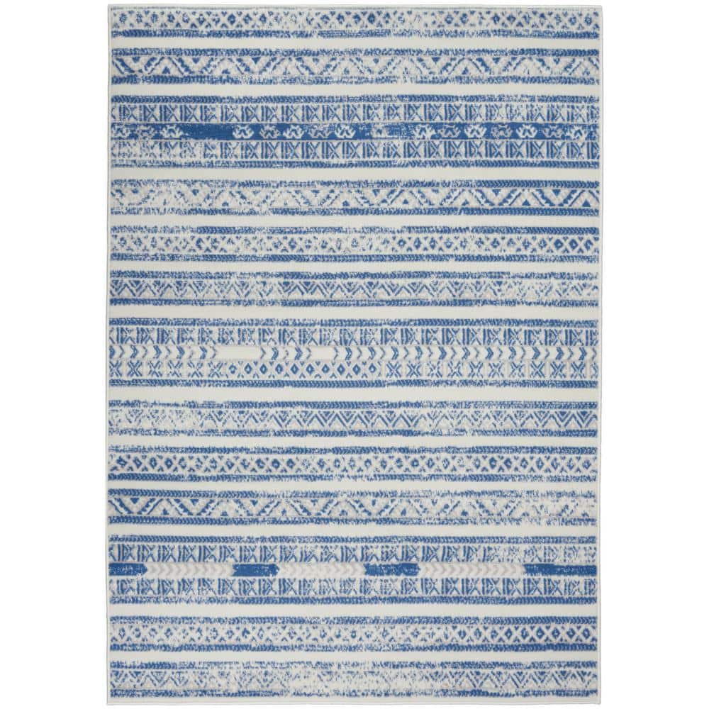 Ivory Blue Geometric Synthetic 6' x 9' Easy-Care Area Rug