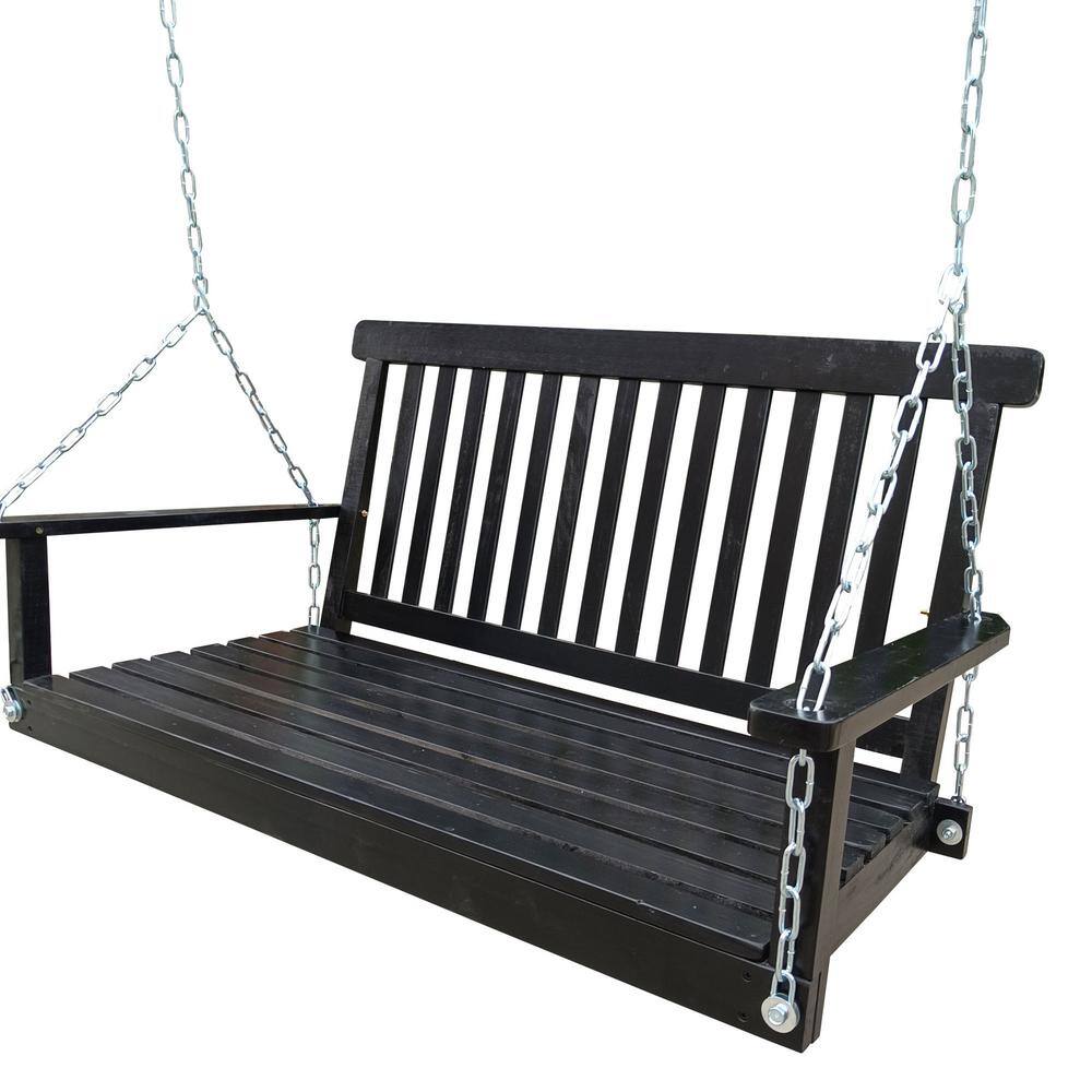 Afoxsos Black 2Person Firwood Patio Front Porch Swing Bench Chair with Steel Chains HDDB1709