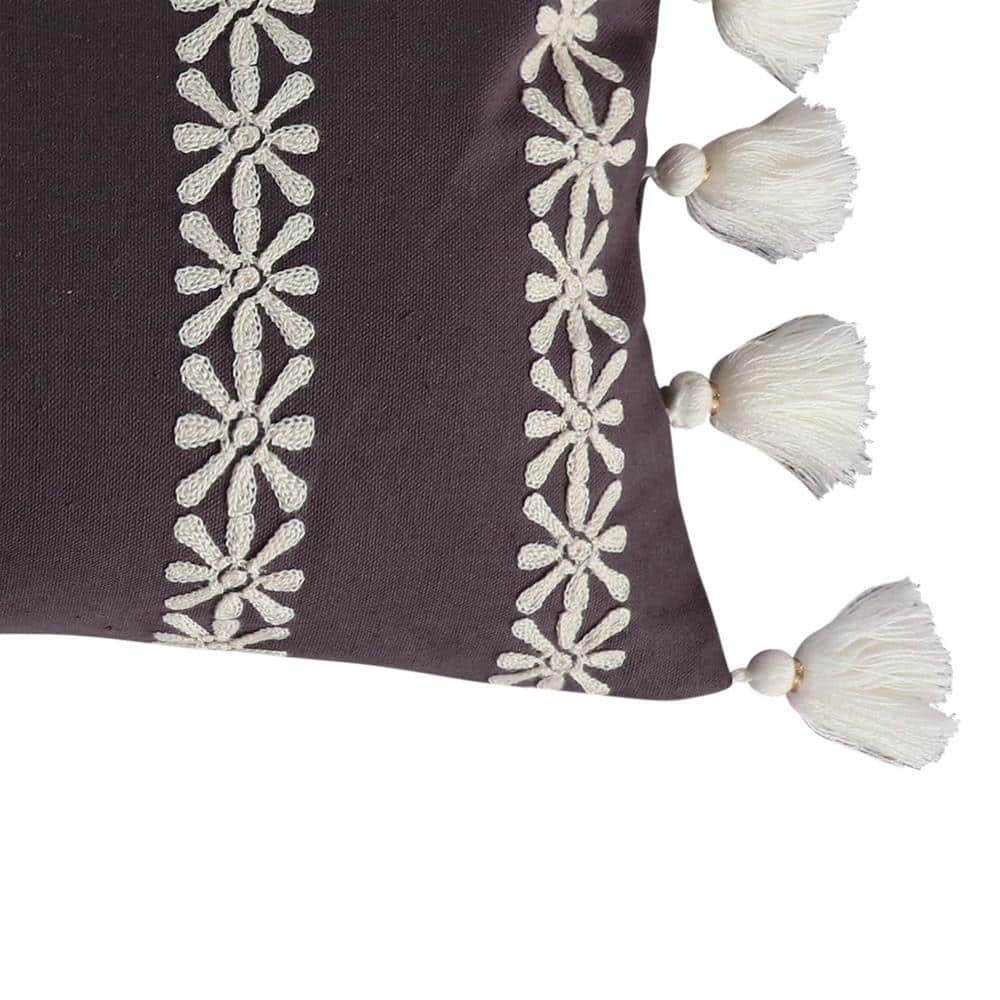 Black and Cream Embroidered Floral Petal Pillow 12x24