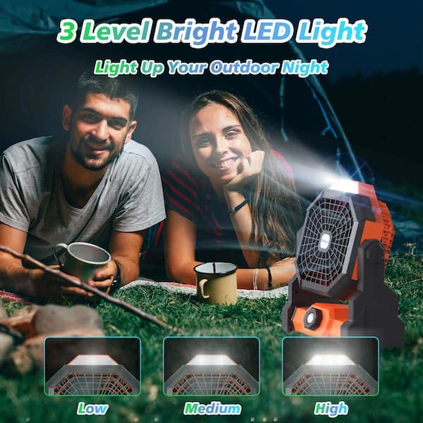 Adrinfly - Camping Fan 10400mAh Portable USB Powered 7 in. 1 fan speeds Desk Fan in Orange with LED Lantern for Camping w/Hook