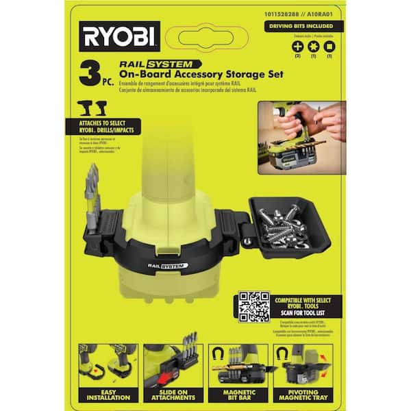 RAIL System Accessory Set (3-Piece) with Base, Magnetic Bit Bar Attach, 180° Magnetic Tray, (2) Screws, (4) Impact Bits
