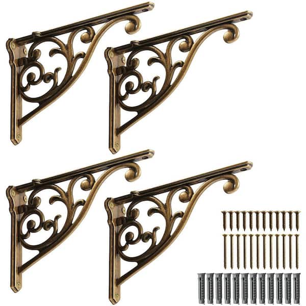 10 in. Antique Brass Vintage Metal Shelf Bracket Victorian Wall Bracket, Antique Brass (4-Pack)