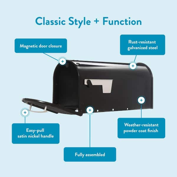 Franklin Black, Medium, Steel, Post Mount Mailbox with Satin Nickel Handle