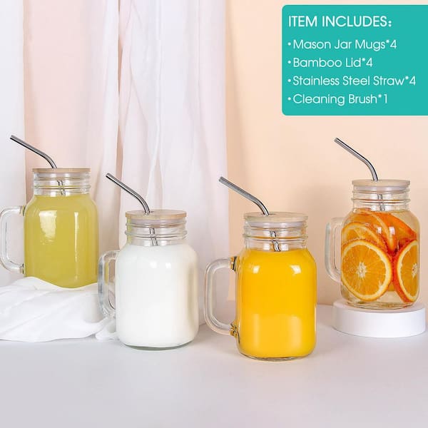 LAIFUCAM 4-Pack Glass Mason Jar Cups Set with Bamboo Lids and Straws, Iced Coffee Drinking Glasses for Juice Tea Smoothies
