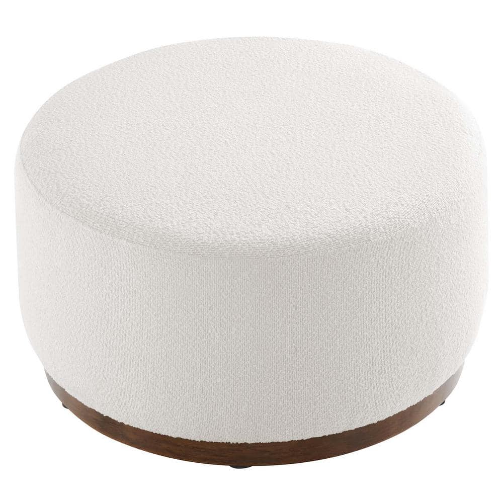 Tilden 29" Round White Boucle Ottoman with Walnut Base