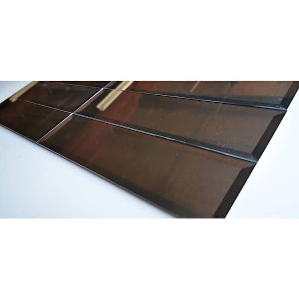 Secret Dimensions Glossy Bronze Beveled Subway 3 in. x 12 in Glass Wall Tile Sample