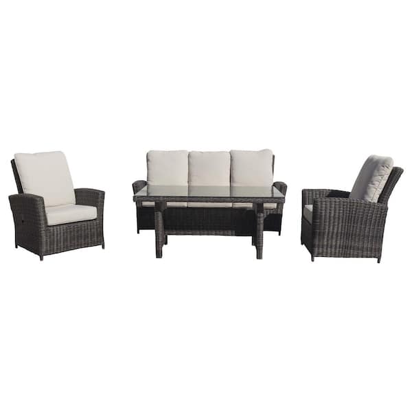 Courtyard Casual Cheshire 4-Piece Aluminum Recline Seating Set with Chow Dining Table with Cream Cushions